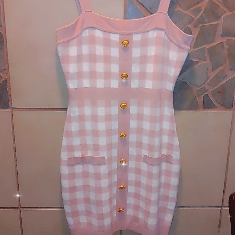 Chic Pink Plaid Mini Dress with Gold Accents